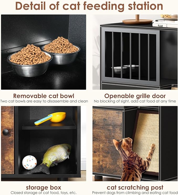 Cat Feeding Station with Scratching Board, Pet Feeder Station for Feeding & Watering Supplies, Cat Food Toy Storage Cabinet Storage Container, End Table Side Table, Black+Vintage