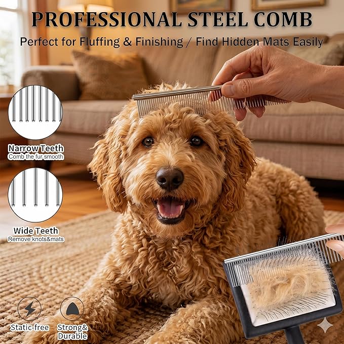 Large Slicker Brush for Dogs - Long Pin Deshedding Brush for Mats & Shedding on Long Haired Dogs, Doodles, Poodles, Goldendoodle, Labradoodle, 3pc Grooming Kits with Wooden Handle, Black