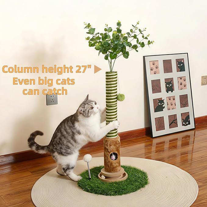 Cat Scratching Post, Two Tone Tall Sisal Scratch Pole For Indoor Cats,Artificial Turf Base Cat Tower With Hanging Toy,Double Ball Track & Simulated Mouse Hole,Strong Post For Kittens/Cats (35 in Post)