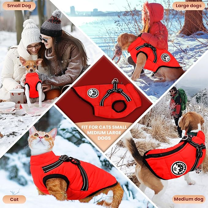 PETCARE Winter Dog Coat with Harness Built in Waterproof Dog Jackets Warm Pet Fleece Vest Windproof Snow Jacket Snowsuit Reflective Dogs Cold Weather Coats for Puppy Small Medium Large Dogs Cats