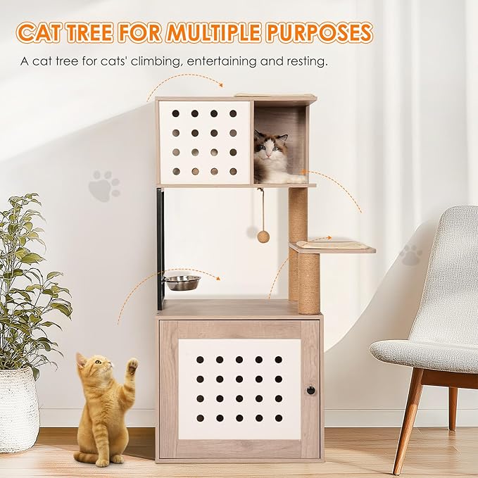 Cat Tree with Litter Box Enclosure - All-in-One Cat Tower for Indoor Cats | Modern Gray&White Pet Furniture w/Large Hammock, Bed, Food Station, Scratching Posts, Magnetic Doors