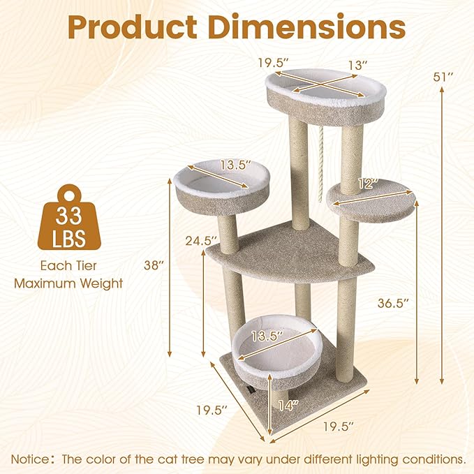 PETSITE 51-inch Modern Cat Tree, Multi-Level Cat Tower with Scratching Posts, 3 Comfy Cat Beds, and Interactive Sisal Rope, Ideal for Indoor Cats and Kittens
