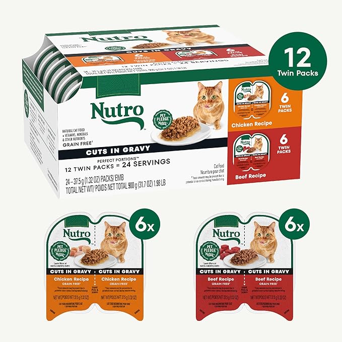 Nutro Perfect Portions Wet Cat Food Cuts in Gravy Multipack, Adult Cat Food Wet Chicken & Beef Recipes, 2.64 oz Twin-Pack Trays (12 Count, Pack of 1)
