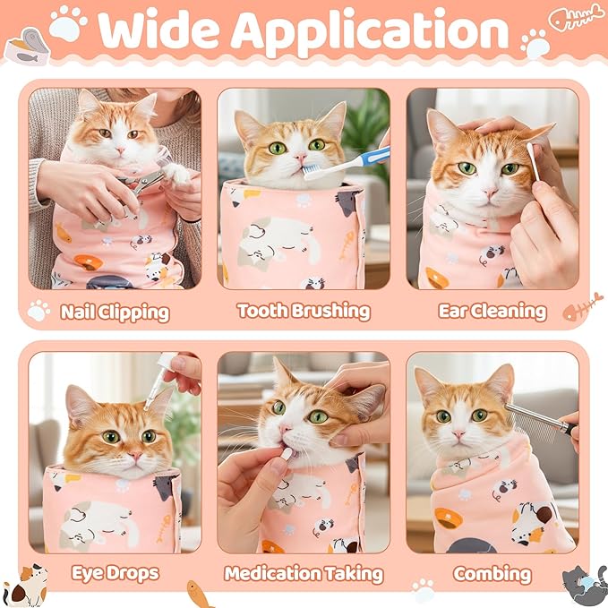 EYxsaxenk 27.6" Cat Grooming Wrap - Pink Self-Adhesive Cat Restraint Wrap Cutting Nails Blanket Anti-Scratch Anti-Escape Cloth Multifunctional Swaddle Pet Tool for Pet Cleaning & Beauty (Within 15lbs)