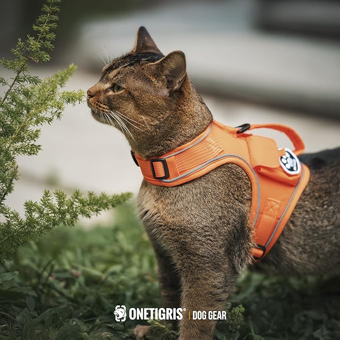 OneTigris Tactical Cat Harness and Leash - Escape Proof Soft Adjustable Cat Harness, Breathable, Comfortable, Durable Water-Resistant Vest with Reflective Strips and Pocket for Cat Tracker