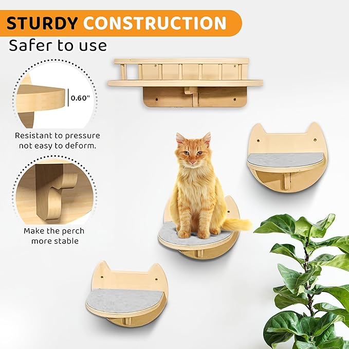 Cat Wall Shelves – 3 Steps Climbing Furniture & Perch for Indoor Cats up to 30lbs, Wooden Floating Shelf with Non-Slip Pad Bed, Modern Corner & Wall Mounted for Playing and Lounging - Natural