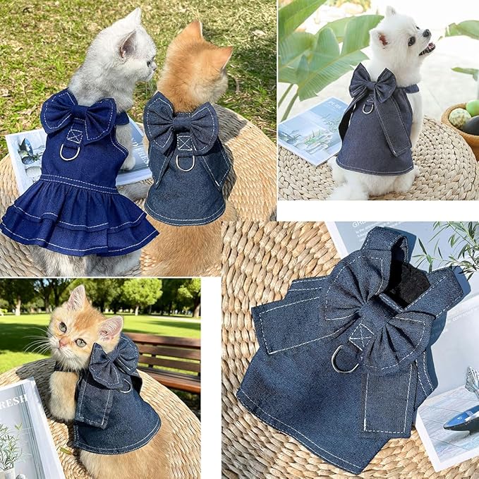 Denim Pet Dress & Vest Harness for Dog Cat, Male Female Universal with D-Ring, Bow Decor Ruffled Skirt Breathable Clothes for Small to Large Pets (Small, Jacket-Cyan Denim)