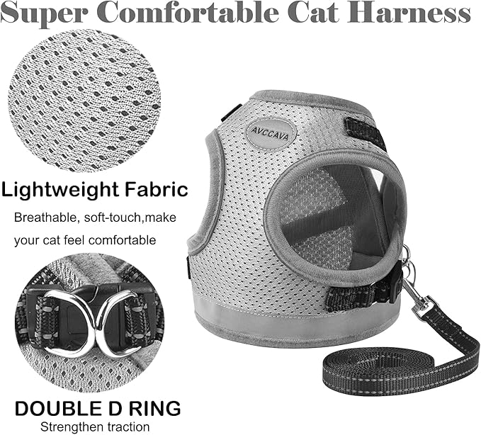 Cat Harness and Leash for Walking, Kitten Escape Proof Harnesses, Adjustable Reflective Puppy Harness with Leashes Set, Easy Adjustable Soft net Breathable Pet Safety Vest M (Chest: 12" - 14") Grey