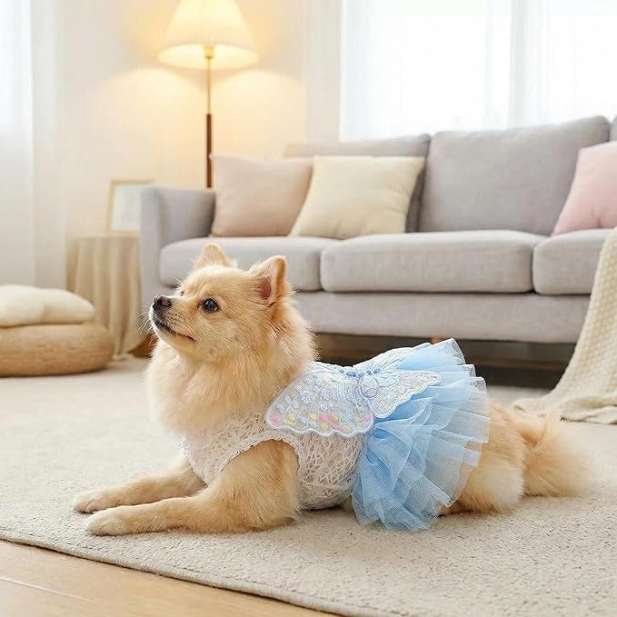 Pet Dog Cat Princess Dress, Fairy Butterfly Tulle Skirt, White Knitted Top with Blue Puffy Bottom, Lace Collar, Embroidered Wings, Puppy Kitten Outfit 4.4-6.6lbs(Light Blue,S)