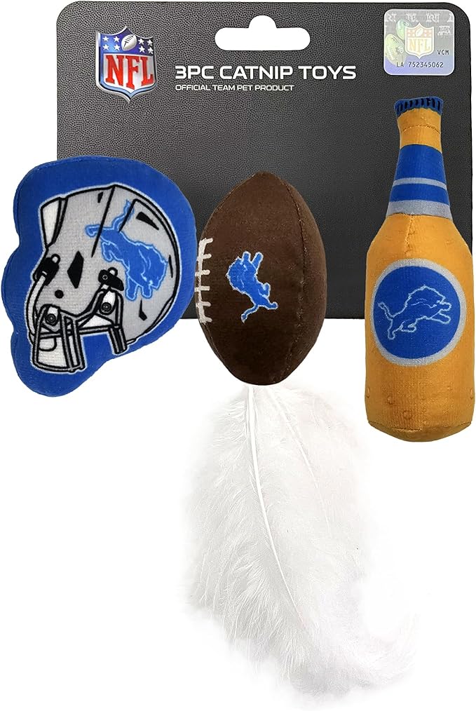 Best Plush CAT Toy - NFL Detroit Lions Complete Set of 3 piece Cat Toys Filled with Fresh Catnip. Includes: 1 Helmet Cat Toy, 1 Football Cat Toy with Feathers & 1 Beer Bottle. Beautiful Team Logos
