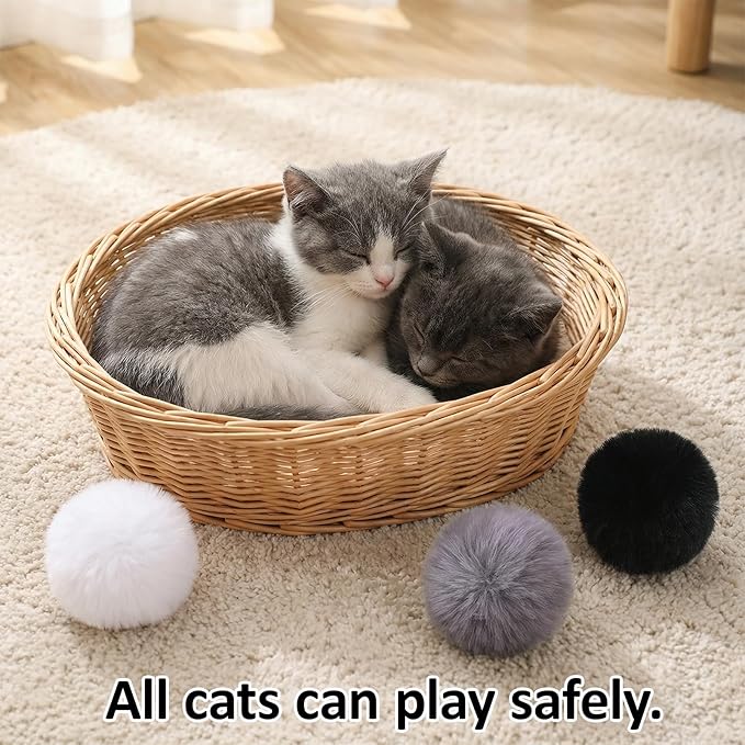 12 Pcs Cat Pom Pom Balls, Rabbit Fur Ball Cat Toy Fluffy Soft Fuzzy Balls for Cats Pets Interactive Playing Indoor, 2.75 Inches in Diameter (Gray Black White)