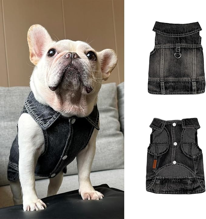 Dog Jean Jacket Pet Black Denim Coat for Puppy Small Dogs T-Shirt Fashion Classic Overalls Girl Male Boy Cat Costumes Vintage Machine Washable Vest Clothes Outfit Shirts(Black, X-Small)