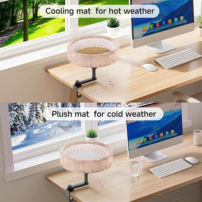 Chumajor Cat Desk Bed - 360° Rotating & Adjustable, Supports 50 lbs, Soft Faux Fur with Dual-Sided Reversible Mat, Modern Indoor Cat Nest Furniture for Office Desks and Game Tables, Island Table