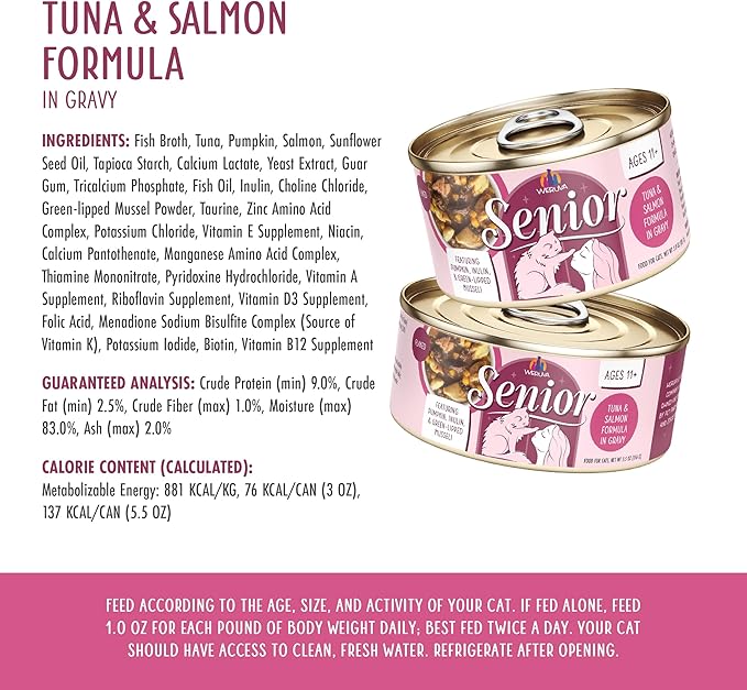 Weruva Senior Cat Food, Tuna and Salmon in Gravy, 3oz Can, Pack of 12
