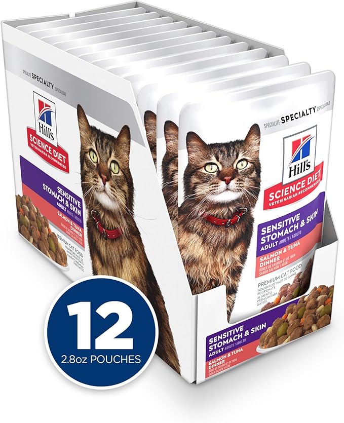 Hill's Science Diet Adult Sensitive Stomach & Skin Wet Cat Food, Salmon & Tuna, 2.8 oz. Pouches, 24-Pack
