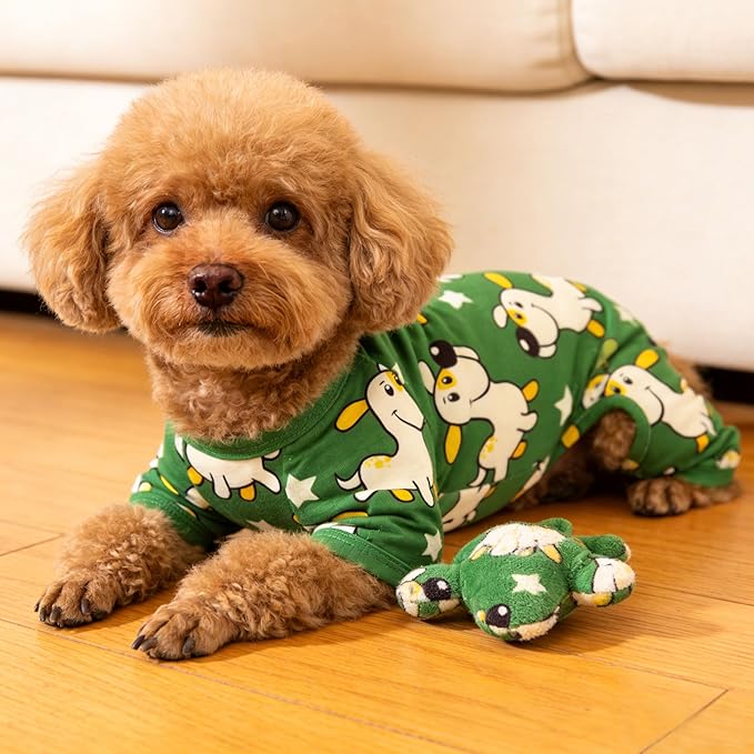 Dog Pajamas Summer Cute Print Puppy Jumpsuit Thin Dog Onesie Small Dog Clothes with Comfy & Elastic Frbic Puppy Pjs(Green Puppy, Large)