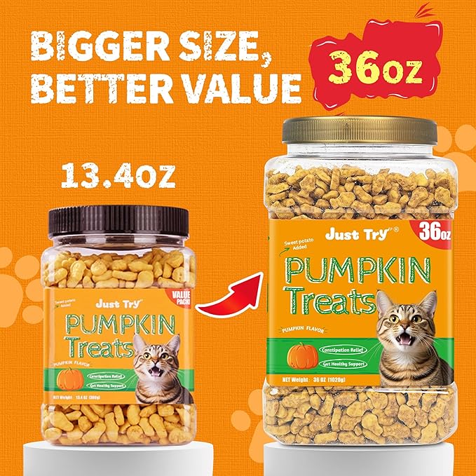 Just Try 36 OZ Pumpkin Cat Treats Cat Constipation Relief Hairball Control Healthy Salmon Snacks Training Biscuits Treats for Digestive Support Low Calorie Kitten Snacks