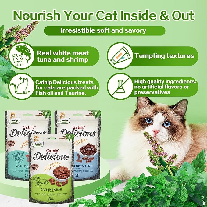 Catnip Delicious, Soft Cat Chew Treat, Real Shimp, Tuna and Chicken, Fish Oil and Taurine Added, 50g (50g, Fish)