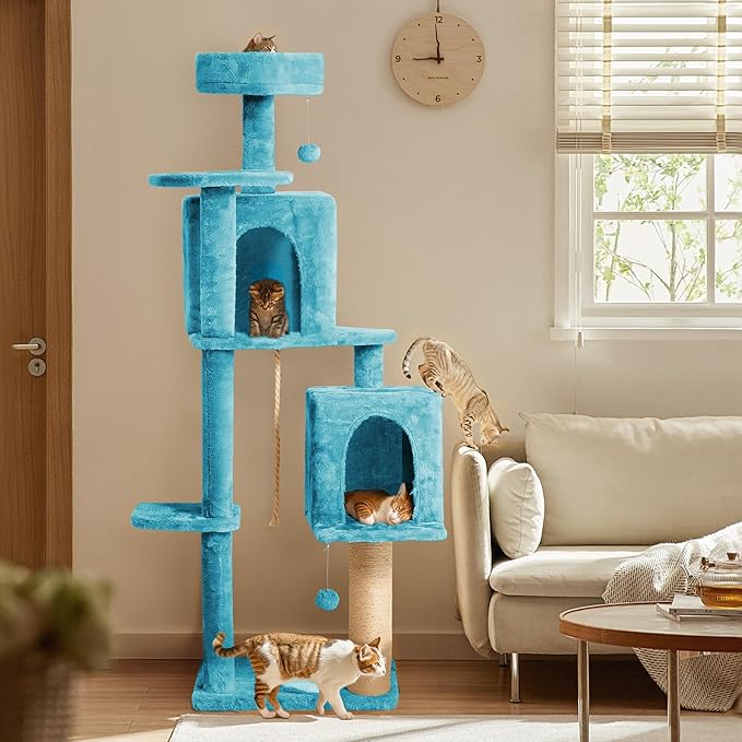 59in Large Cat Tree Tower for Indoor Cats with Soft Plush Hang Ball, Two Condos, Sisal Scratch Posts & Rope Play for Kittens/Adult Cats, Blue