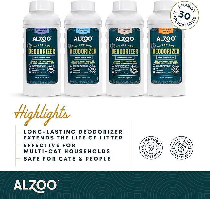 ALZOO Cat Litter Deodorizer, Concentrated Granules Absorb & Help Neutralize Odors, Mineral-Based Active Ingredients, Up To 30 Uses, Ocean Breeze Scent, 26.6 Oz.