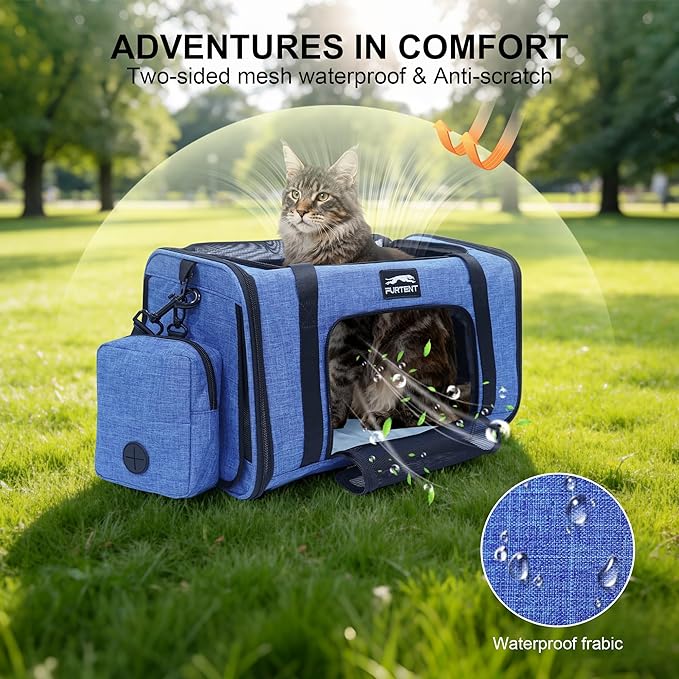 Soft Sided Cat Carrier Airline Approved up to 15lbs, 17x11x9.5 Inch Ventilated Pet Travel Bag with Foldable Litter Box & Storage, Portable Cat Transport Carrier for Flights Car Vet Blue