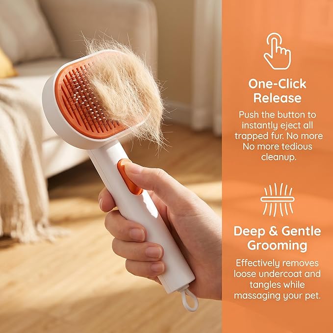 Pet Grooming Brush for Cats and Dogs, Stainless Steel Deshedding Brush with One-Click Cleaning Button, Skin-Friendly Massage Pins, Removes Loose Hair and Tangles (White)