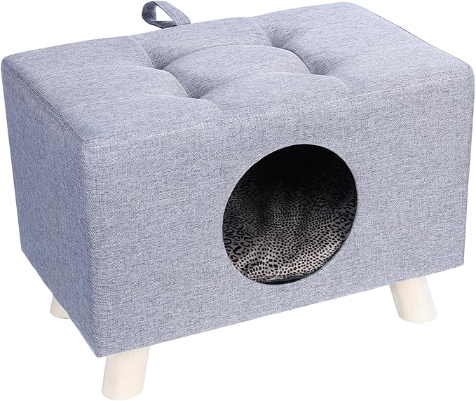 Cat Nest, Wooden Pet House Ben with Mat, Cat or Dog Furniture Bed - Wooden Feet, Enclosed Design Cat Cube, Cozy Condo Cave, 18.7x10.2x11.8 Inch (Grey) 1 Set