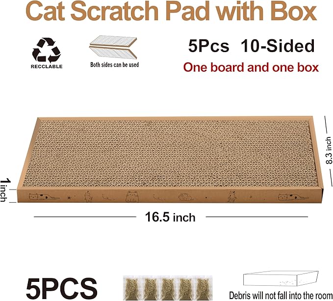 Cat Scratcher Cardboard with Box Durable Corrugate Scratching Kitty Sofa Lounge Bed Reversible Catnip Included for Indoor Cats, Cat Scratching Pad, Cat Post, Double-Sided Design, Large (Box,5pcs)