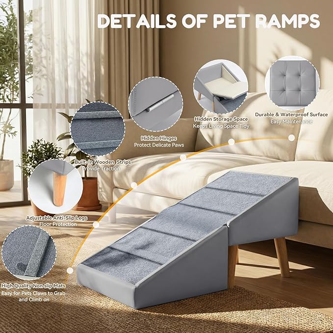 Dog Ramp for Small Dogs, 18.5" Extra Wide 3-in-1 Dog Stair with Foldable Ottoman & Hidden Storage Design, 15.7" H Safer Leather Pet Steps for Couch Sofa Bed (Grey)