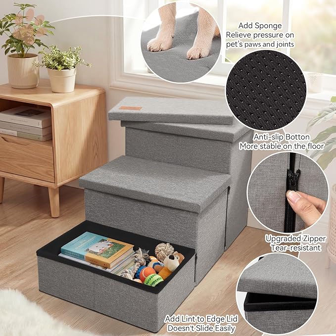 Zerbuger Wider Dog Ramp for High Bed with Storage 18" H, Foldable Dog Stairs for Small Medium Large Older Senior Animal, Sturdy Dog Step for Climbing Bed or Couch, Arthritis-Friendly (Gray, No Condo)