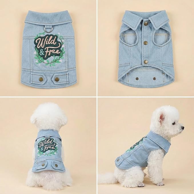 Dog Denim Vest Harness with D-Ring, Jean Jacket for Small Dogs & Puppies, Adjustable Pet Clothes for Chihuahua Yorkie Poodle, “Wild & Free” Embroidered Outfit(S)