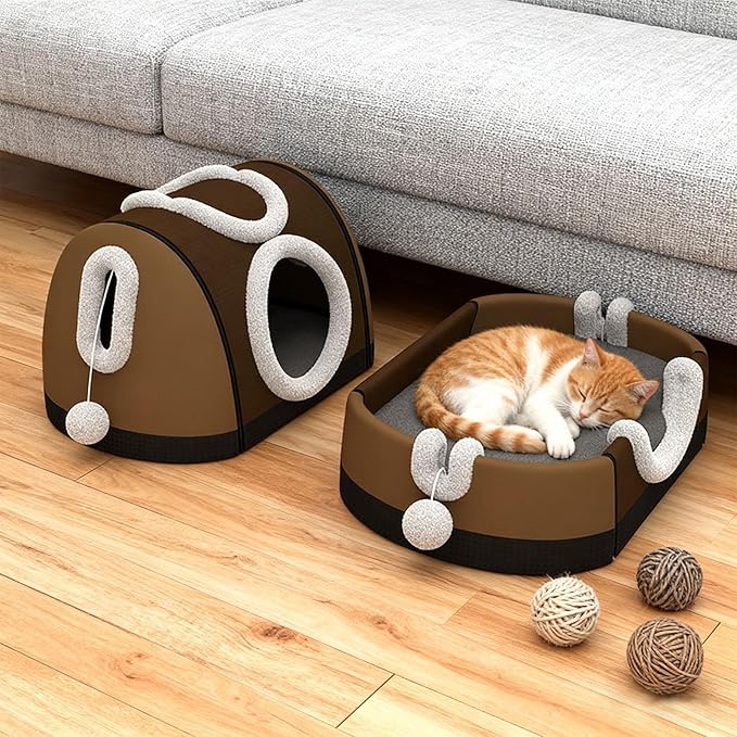 Enclosed House & Open Bed for Indoor Cats,Constant Modifiable Puss Bed with Removable Top Winter Season Double Manner Plan Revertible Pillow,Multi-Functional Pet Furniture with Scratch Pad