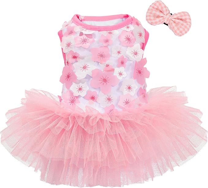 Dog Dress, Fashion Puppy Tutu Princess Dresses for Small Dogs Girl, Sweet Skirt with Dog Bowknot Clips, Spring Dog Cat Clothes Pet Apparel (Pink Floral Dress, Medium)