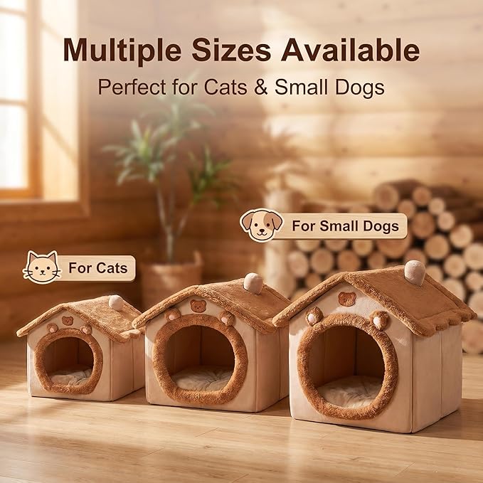 Cat Bed Cave, Cute Bear Shape Cat Beds for Indoor Cats, Pet House Cats Tent with Removable Cushion Pillow for Kittens Puppy Small Dogs (Brown-L, 20.4 * 16.9 * 19.6in)