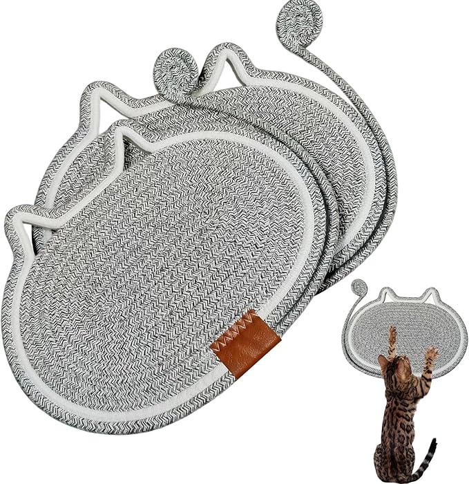 Cat Scratcher Mat Natural Cotton Rope Oval Horizontal Floor Cat Scratch Bed Pad with Ball Toy Protector for Furniture Floor Wall (Grey, 2 PC)