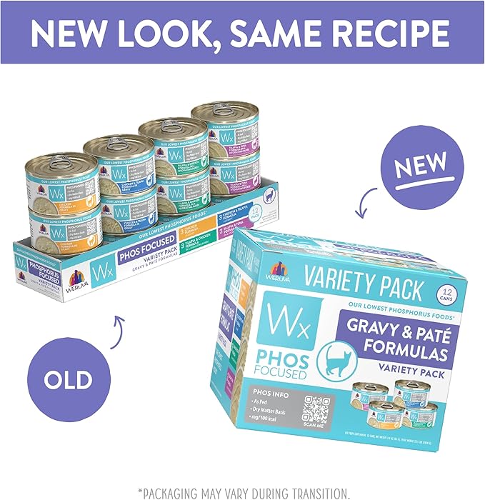 Weruva Wx Phos Focused, Pate & Gravy Formulas Variety Pack, 3oz Can (Pack of 12)