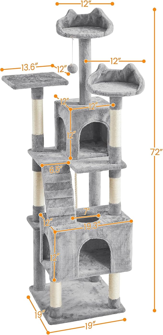 Topeakmart 72in Cat Tree for Indoor Cats, Multi-Level Cat Tower Cat Condo with Scratching Posts, 3 Perches, Cat Furniture Activity Center Play House for Cats Kitten, Light Gray