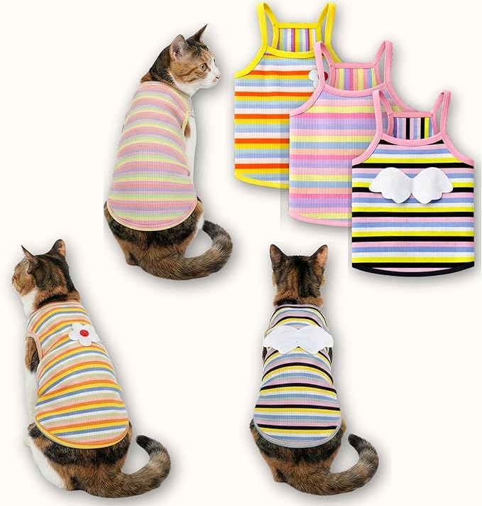 3-Pack Pet Cotton Sleeveless Top Striped Vest Top Soft Breathable Puppy Tank Top Cat Tee Dog Sleeves Top (Large)