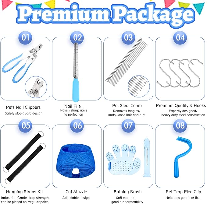 Ferraycle 14 in 1 Pet Grooming Hammock for Dogs Cats, Dog Grooming Sling, Cat Nail Trimming Kit, Restraint Bag with Clipper File for Nail Trimming Ear Cleaning Bathing Small Pets(Blue)
