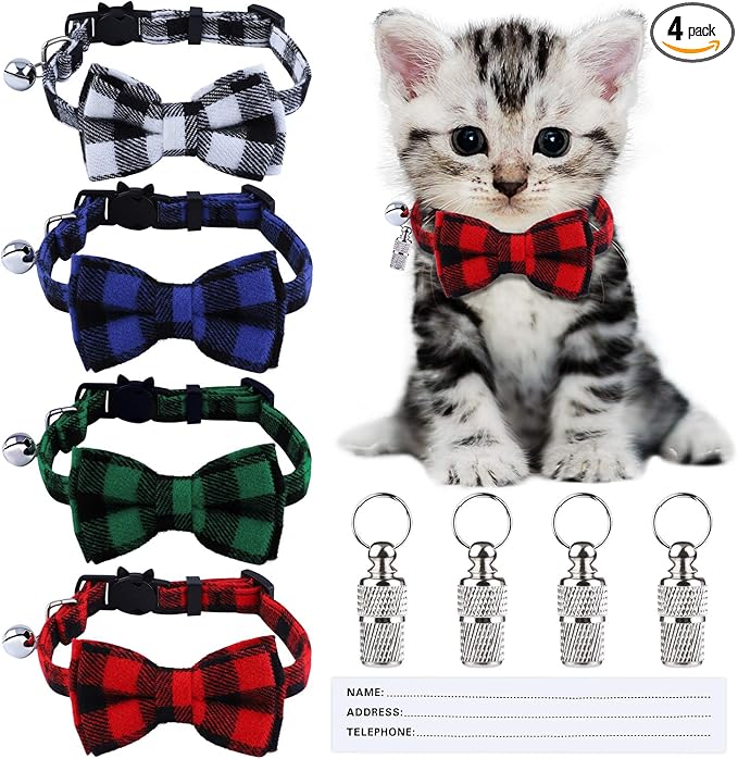ADXCO 4 Pack Plaid Cat Collars with Bow Tie, Quick Release, Breakaway, Anti-Lost Tags
