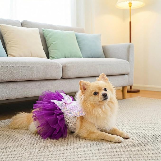 Dog Fairy Costume with Butterfly Wings, Cat Princess Dress for Small Dogs Girls, White Lace Knit Top and Purple Tulle Skirt, Fairy Wings for Dogs Halloween Outfit 4.4-6.6lbs (Purple,S)