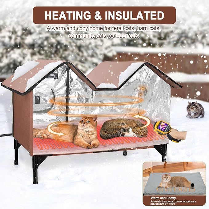 Heated Outdoor Cat House Weatherproof for Winter - Extra Large Heated Cat House for Outside Waterproof, Elevated Base, Escape Door, Insulated Outdoor Cat Shelter for Multiple Cats Feral Stray Kitty