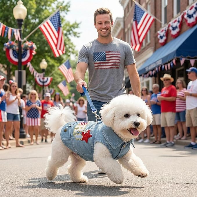 4th of July Dog Denim Vest, Patriotic Dog Outfit with American Flag Patch, Puppy Jacket with D-Ring, Lightweight Clothes for Small Dogs(S)