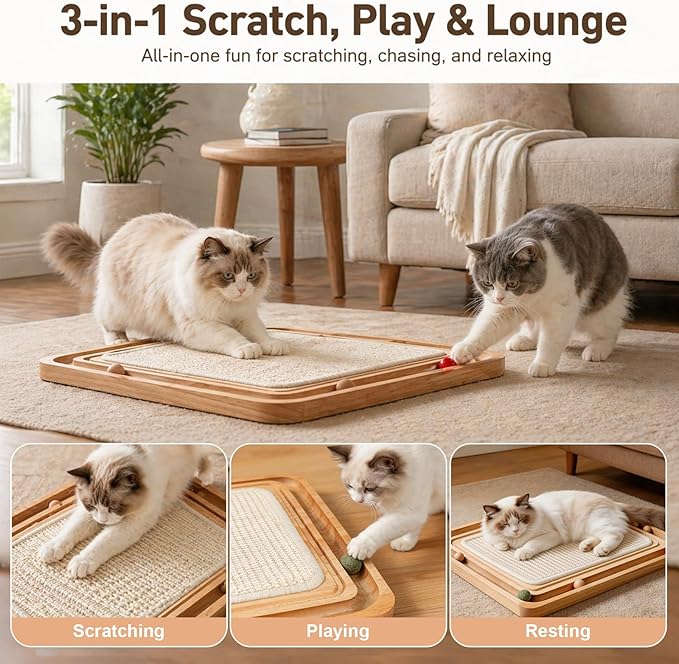 Cat Scratching Pad with Ball Track Toy Interactive Cat Scratcher Board with Rolling Balls Natural Wood Sisal Cat Scratch Pad for Indoor Cats