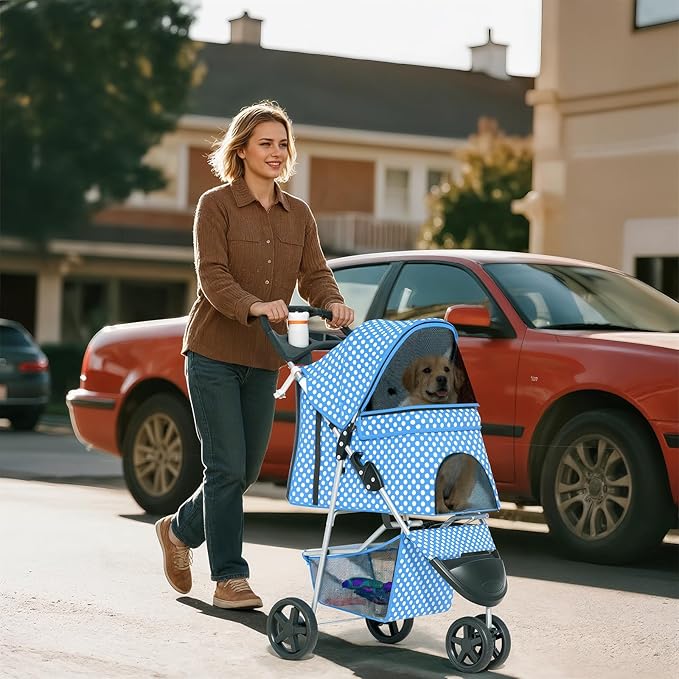 Cat Dog Stroller,3-Wheels Pet Stroller for Medium/Puppy Dogs 30 Lbs, Cat Strollers for 1 Cats, Foldable Dog Stroller with Storage Basket and Cup Holder, Breathable Mesh Blue Polka Dots