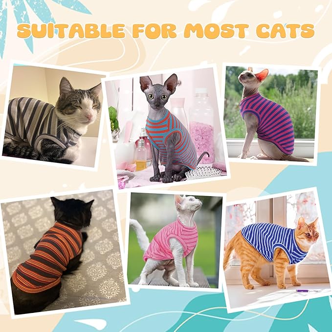 BRKURLEG Knit Cat Shirt, Sleeveless Pet Vest for Sphynx Cats and Small Dogs, Soft Pullover Spring Summer Apparel, Breathable T-Shirts with Round Collar (Rose Pink Stripes, XL)