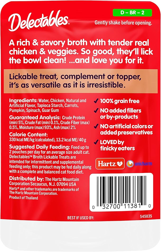 Delectables Hartz Savory Broths Chicken & Veggies Lickable Wet Cat Treats,(Pack of 24)