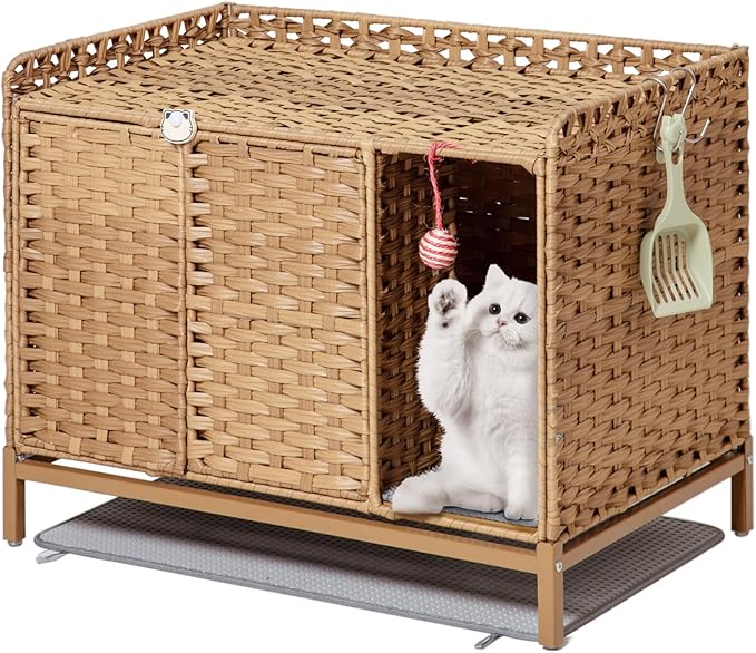 SETVSON Cat Litter Box Enclosure Furniture with Divider, Handwoven Rattan Litter Box with Mat, 31.2 x 19.6 x 24.2 Inches, Metal Heightened Feet, Hidden Cat House for Living Room, Bedroom (Natural)