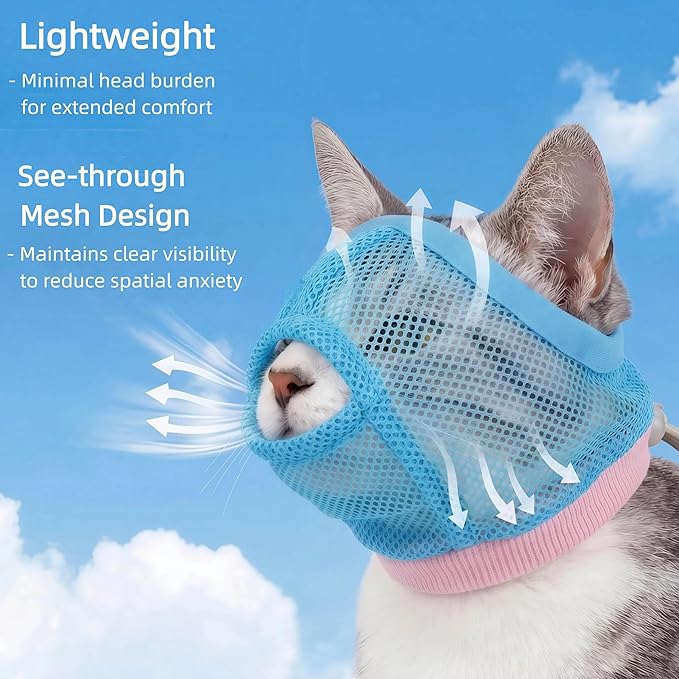 PUMYPOREITY 2 Pack Soft Cat Head Cover, Breathable Mesh Calming Muzzle with Adjustable Fit, Anti-Bite Protection for Cats During Grooming, Nail Trimming, Bathing and Vet Visits, M, Blue
