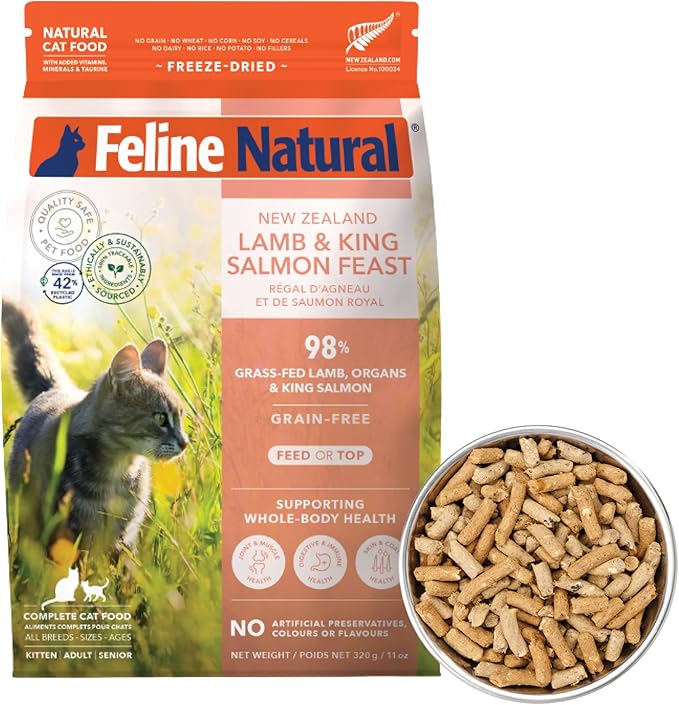 Feline Natural High Protein Dry Cat Food, Freeze-Dried Diet with 98% Meat, Organs & Seafood, No Peas, Grains, or Artificial Additives, Made in New Zealand, Lamb & King Salmon, 11oz